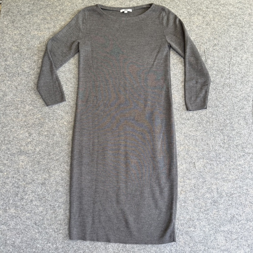 Uniqlo‎ Sweater Dress Womens Medium Gray Long Sleeve Knit Midi Pullover Casual